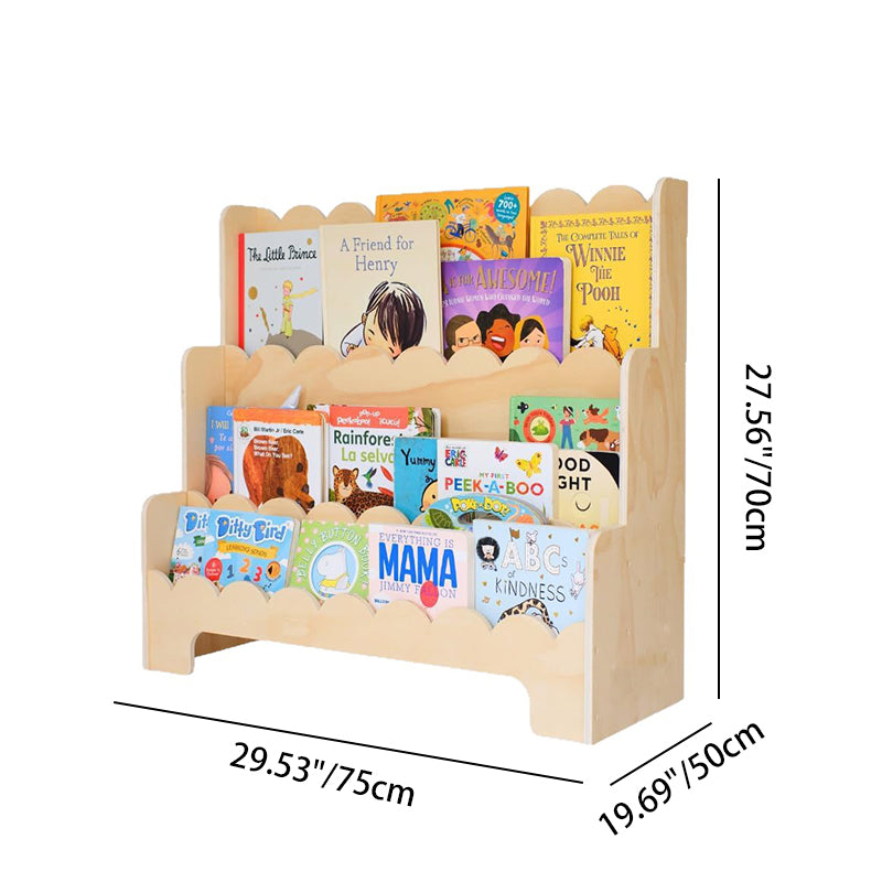 Zeitgenössisches nordisches fächerförmiges Kiefernholz- und Sperrholz-Kinderbücherregal mit 3 Ebenen für Wohnzimmer und Arbeitszimmer 