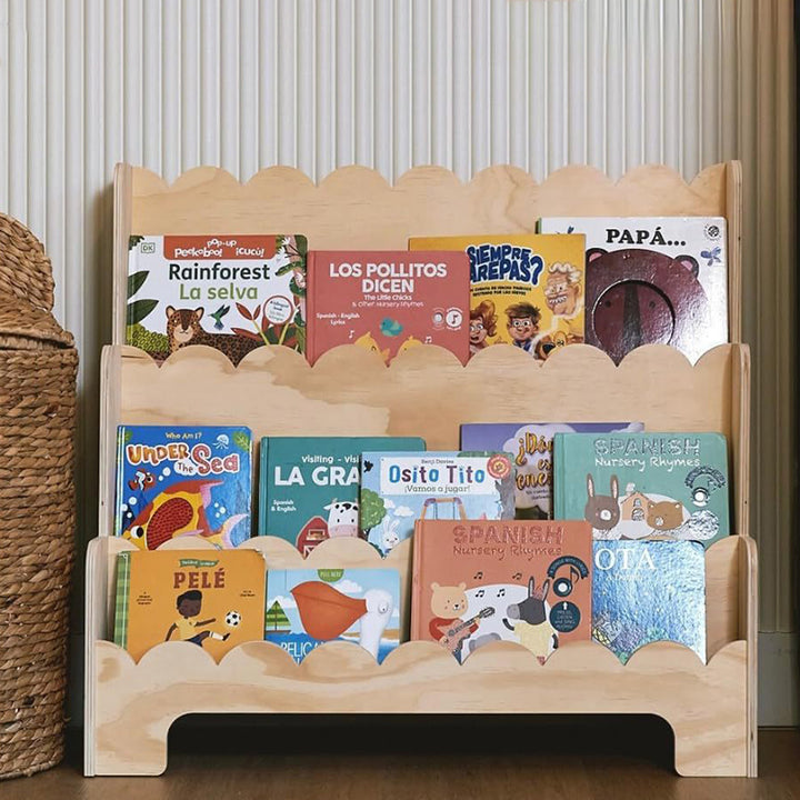 Estantería para niños de madera de pino y contrachapado en forma de abanico nórdico contemporáneo de 3 capas para sala de estar y sala de estudio 
