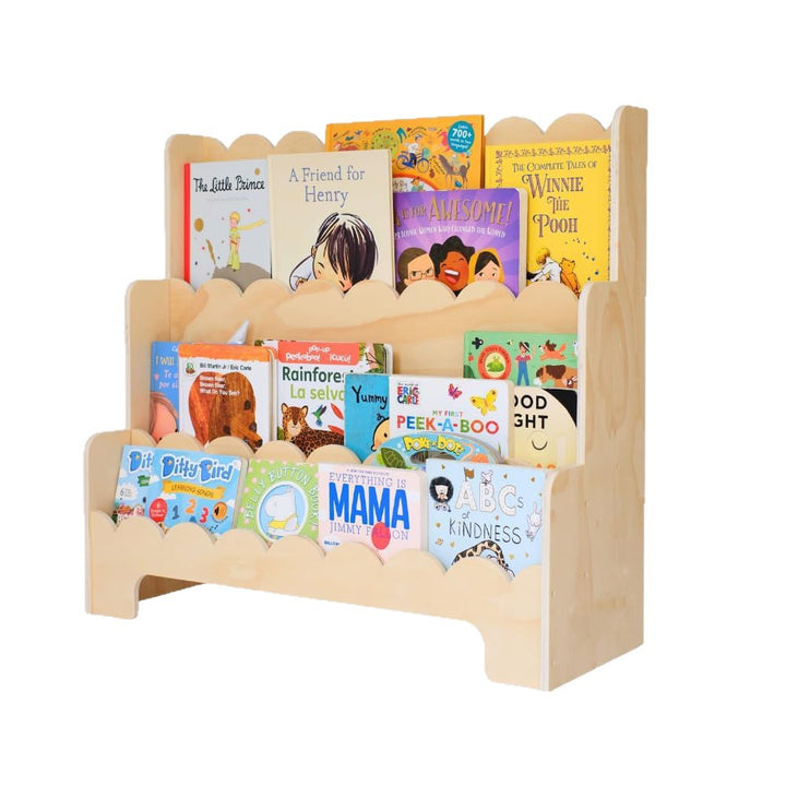 Zeitgenössisches nordisches fächerförmiges Kiefernholz- und Sperrholz-Kinderbücherregal mit 3 Ebenen für Wohnzimmer und Arbeitszimmer 