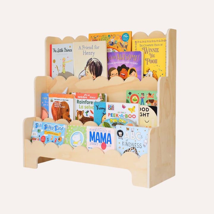 Zeitgenössisches nordisches fächerförmiges Kiefernholz- und Sperrholz-Kinderbücherregal mit 3 Ebenen für Wohnzimmer und Arbeitszimmer 
