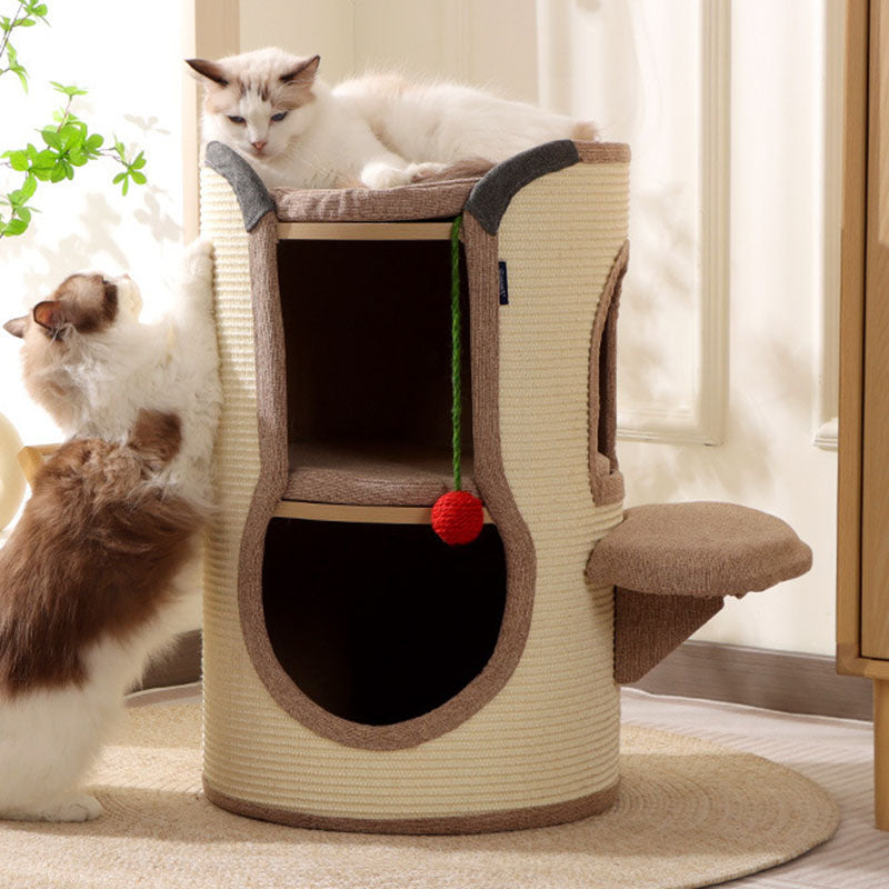 Tour pour chat contemporaine bohème en panneau de particules cylindrique, tube en carton, tissu en coton et lin, corde en sisal, à 2 ouvertures pour salon 