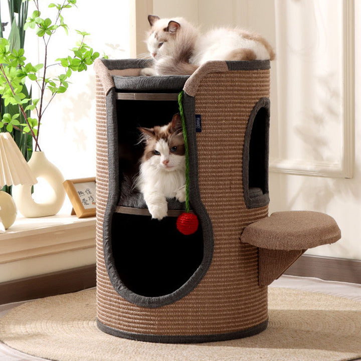 Tour pour chat contemporaine bohème en panneau de particules cylindrique, tube en carton, tissu en coton et lin, corde en sisal, à 2 ouvertures pour salon 