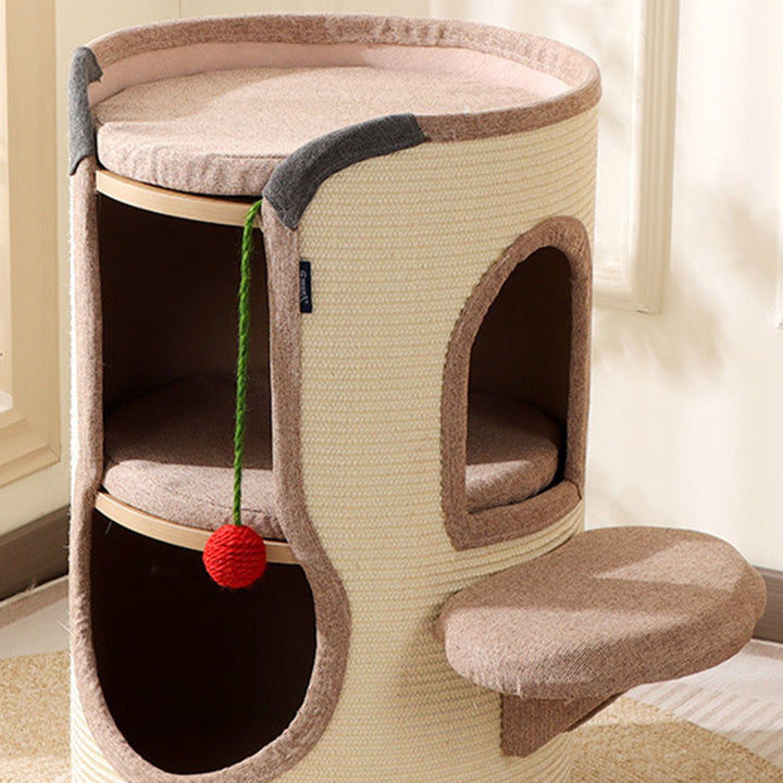 Tour pour chat contemporaine bohème en panneau de particules cylindrique, tube en carton, tissu en coton et lin, corde en sisal, à 2 ouvertures pour salon 