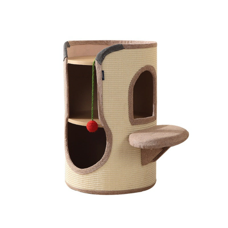 Tour pour chat contemporaine bohème en panneau de particules cylindrique, tube en carton, tissu en coton et lin, corde en sisal, à 2 ouvertures pour salon 
