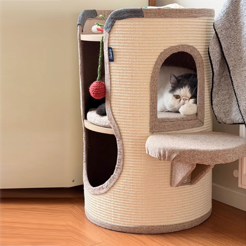 Tour pour chat contemporaine bohème en panneau de particules cylindrique, tube en carton, tissu en coton et lin, corde en sisal, à 2 ouvertures pour salon 
