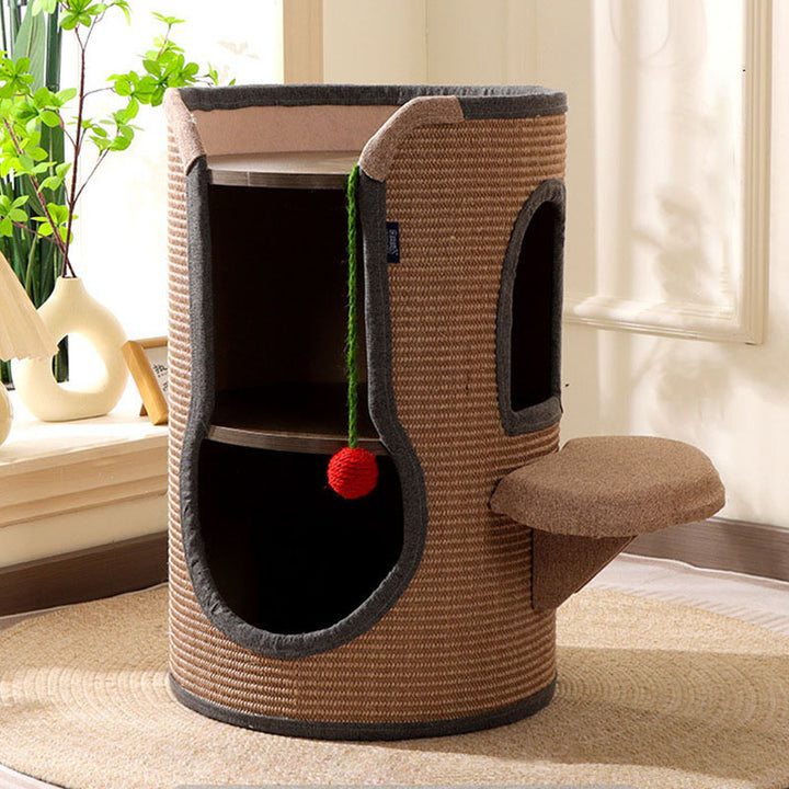 Zeitgenössischer Boho zylindrischer Spanplatten-Pappkarton-Rohr Baumwoll-Leinen-Sisal-Seilstoff Katzenbaum 2-Loch für Wohnzimmer 
