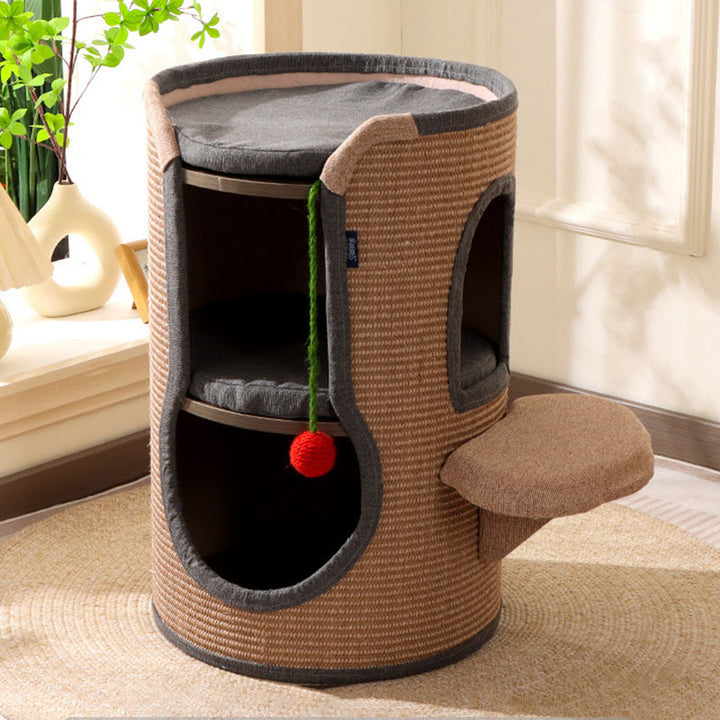 Zeitgenössischer Boho zylindrischer Spanplatten-Pappkarton-Rohr Baumwoll-Leinen-Sisal-Seilstoff Katzenbaum 2-Loch für Wohnzimmer 