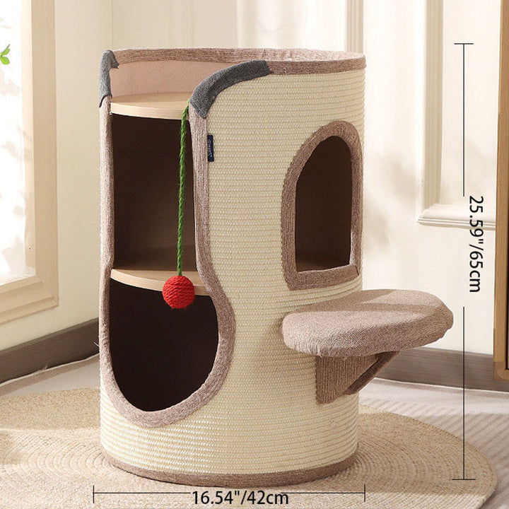 Tour pour chat contemporaine bohème en panneau de particules cylindrique, tube en carton, tissu en coton et lin, corde en sisal, à 2 ouvertures pour salon 
