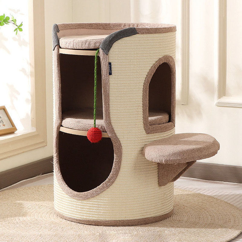 Tour pour chat contemporaine bohème en panneau de particules cylindrique, tube en carton, tissu en coton et lin, corde en sisal, à 2 ouvertures pour salon 
