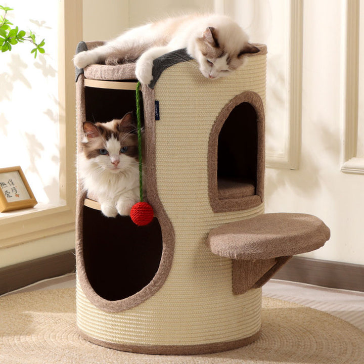 Tour pour chat contemporaine bohème en panneau de particules cylindrique, tube en carton, tissu en coton et lin, corde en sisal, à 2 ouvertures pour salon 
