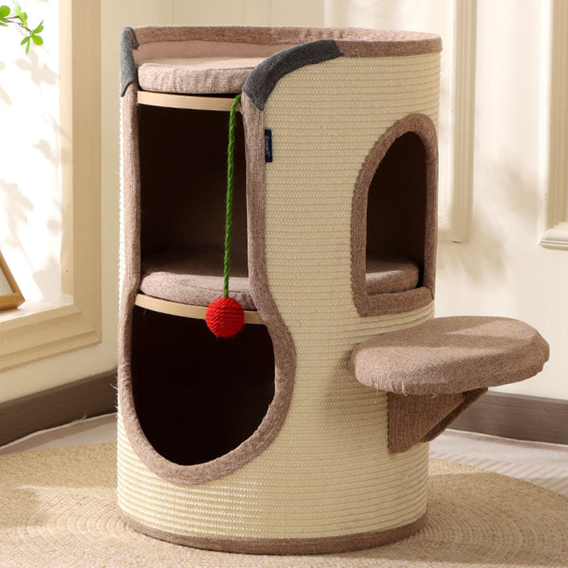 Tour pour chat contemporaine bohème en panneau de particules cylindrique, tube en carton, tissu en coton et lin, corde en sisal, à 2 ouvertures pour salon 