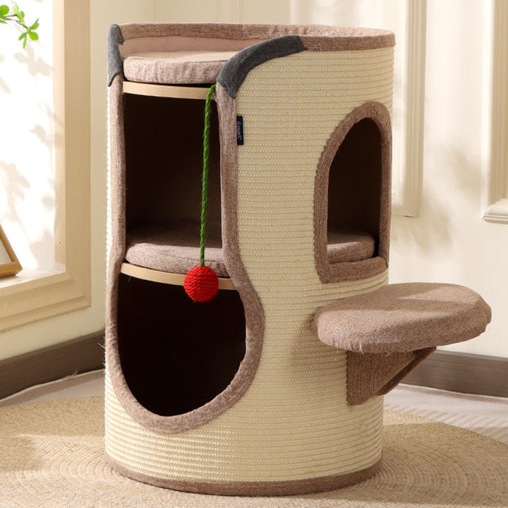 Zeitgenössischer Boho zylindrischer Spanplatten-Pappkarton-Rohr Baumwoll-Leinen-Sisal-Seilstoff Katzenbaum 2-Loch für Wohnzimmer 