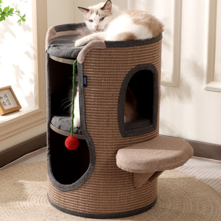 Tour pour chat contemporaine bohème en panneau de particules cylindrique, tube en carton, tissu en coton et lin, corde en sisal, à 2 ouvertures pour salon 