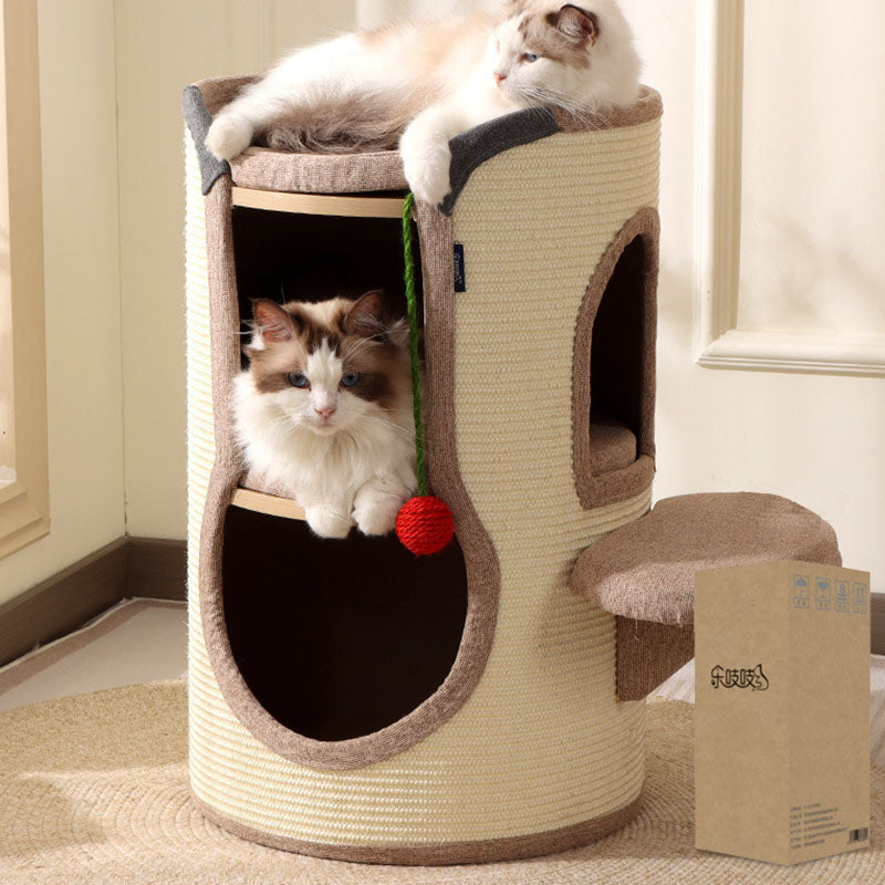 Tour pour chat contemporaine bohème en panneau de particules cylindrique, tube en carton, tissu en coton et lin, corde en sisal, à 2 ouvertures pour salon 