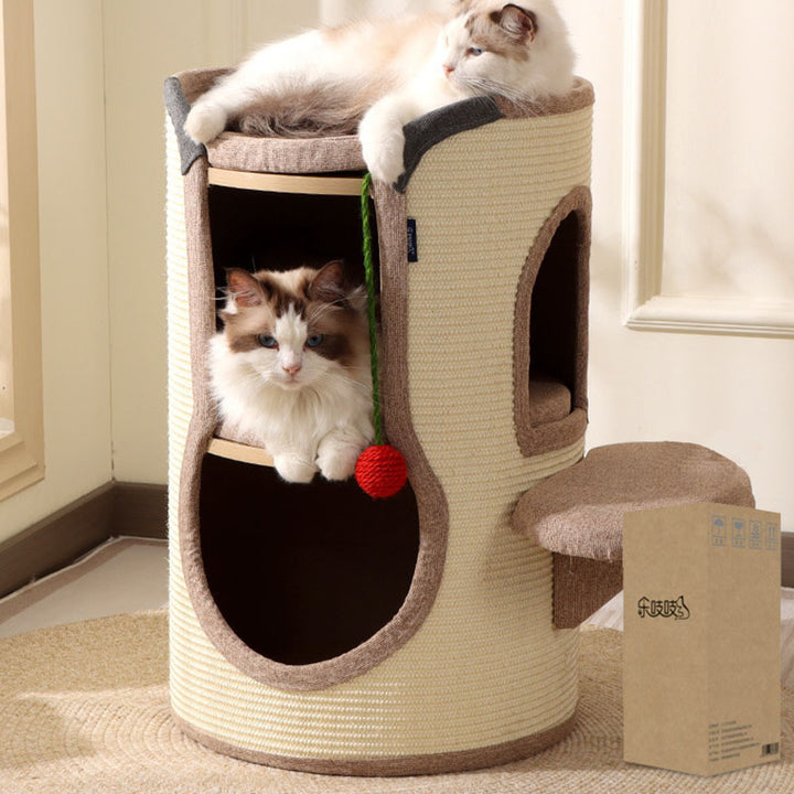Tour pour chat contemporaine bohème en panneau de particules cylindrique, tube en carton, tissu en coton et lin, corde en sisal, à 2 ouvertures pour salon 
