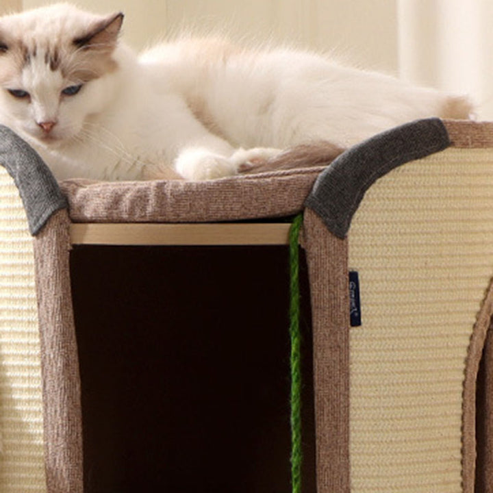 Tour pour chat contemporaine bohème en panneau de particules cylindrique, tube en carton, tissu en coton et lin, corde en sisal, à 2 ouvertures pour salon 