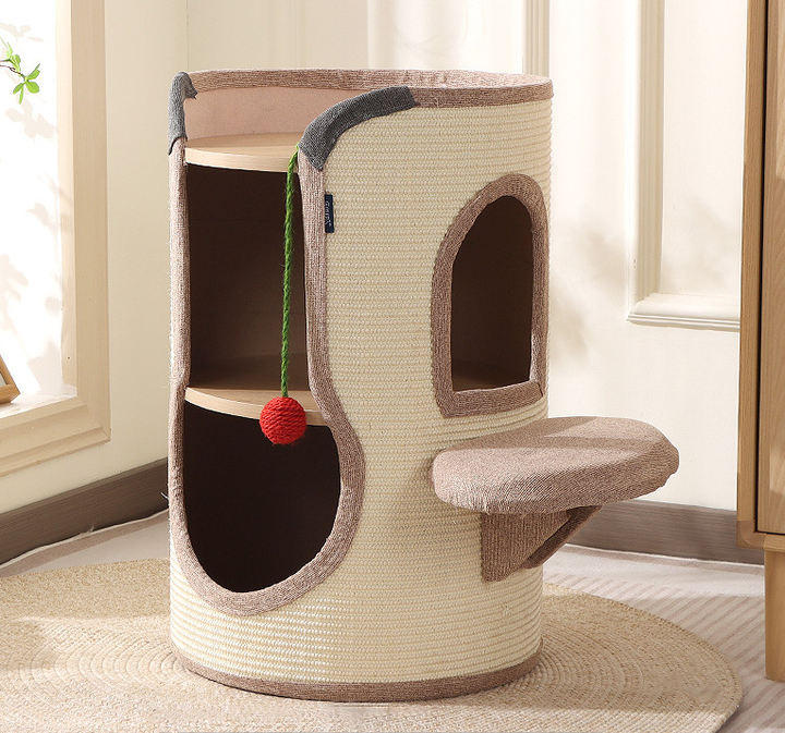 Zeitgenössischer Boho zylindrischer Spanplatten-Pappkarton-Rohr Baumwoll-Leinen-Sisal-Seilstoff Katzenbaum 2-Loch für Wohnzimmer 