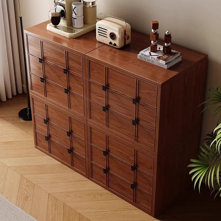 Moderner Mid-Century quadratischer Schachbrett-Nachttisch aus Eschenholz, Kiefer und Roteiche mit 3 Schubladen für Wohnzimmer und Schlafzimmer 