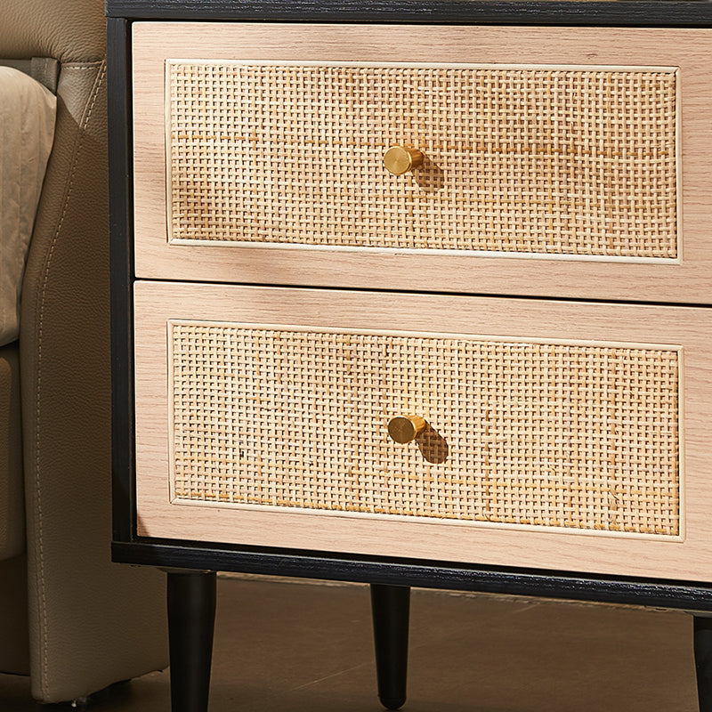 Traditioneller japanischer rechteckiger MDF-Rattan-Webnachtisch mit 2 Schubladen für das Schlafzimmer 