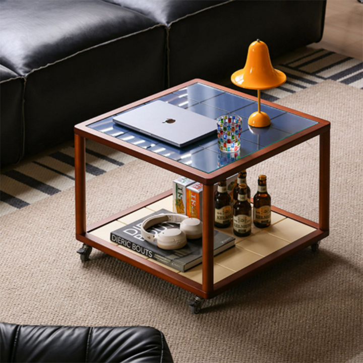 Zeitgenössischer skandinavischer quadratischer beweglicher Buchsbaum-Glas-Esstisch aus gehärtetem Glas, Massivholz, mehrschichtige Platte, 2-stufig für das Wohnzimmer 