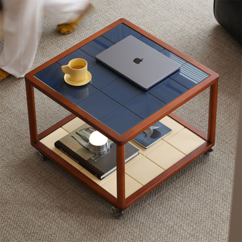 Zeitgenössischer skandinavischer quadratischer beweglicher Buchsbaum-Glas-Esstisch aus gehärtetem Glas, Massivholz, mehrschichtige Platte, 2-stufig für das Wohnzimmer 