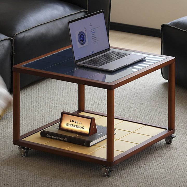 Zeitgenössischer skandinavischer quadratischer beweglicher Buchsbaum-Glas-Esstisch aus gehärtetem Glas, Massivholz, mehrschichtige Platte, 2-stufig für das Wohnzimmer 