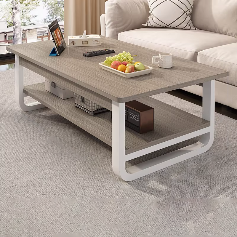Table basse rectangulaire contemporaine en MDF et tuyaux en acier à 2 niveaux pour salon 