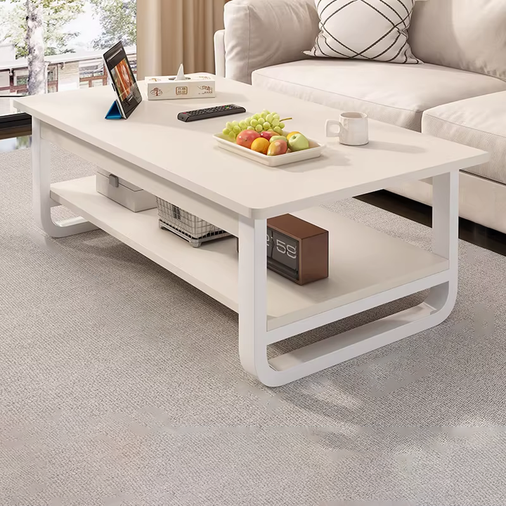 Table basse rectangulaire contemporaine en MDF et tuyaux en acier à 2 niveaux pour salon 