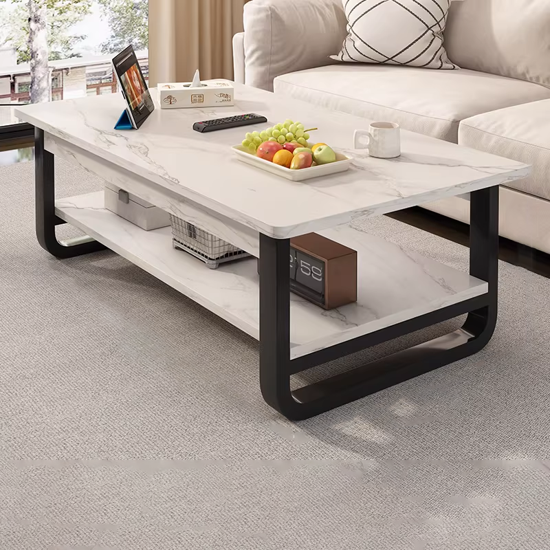 Table basse rectangulaire contemporaine en MDF et tuyaux en acier à 2 niveaux pour salon 