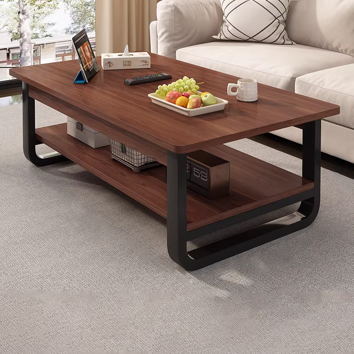 Table basse rectangulaire contemporaine en MDF et tuyaux en acier à 2 niveaux pour salon 