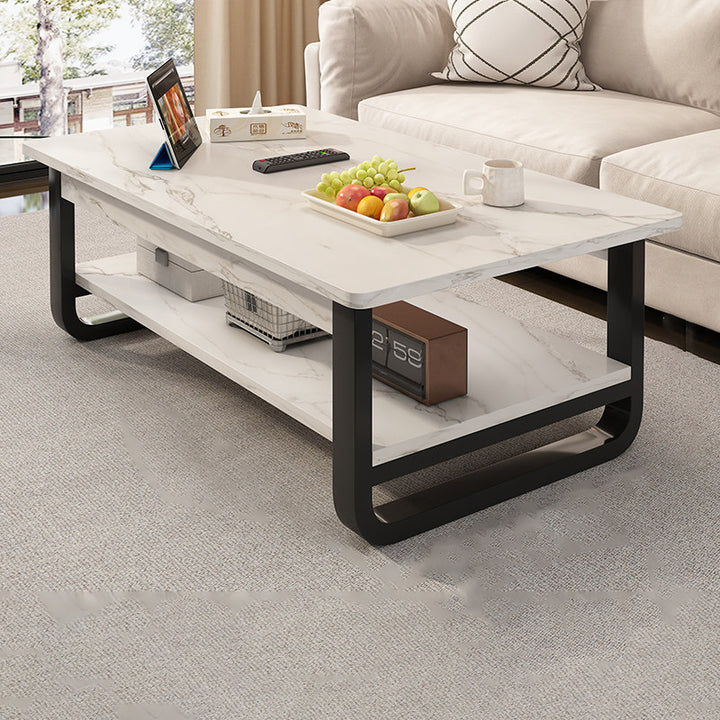 Table basse rectangulaire contemporaine en MDF et tuyaux en acier à 2 niveaux pour salon 