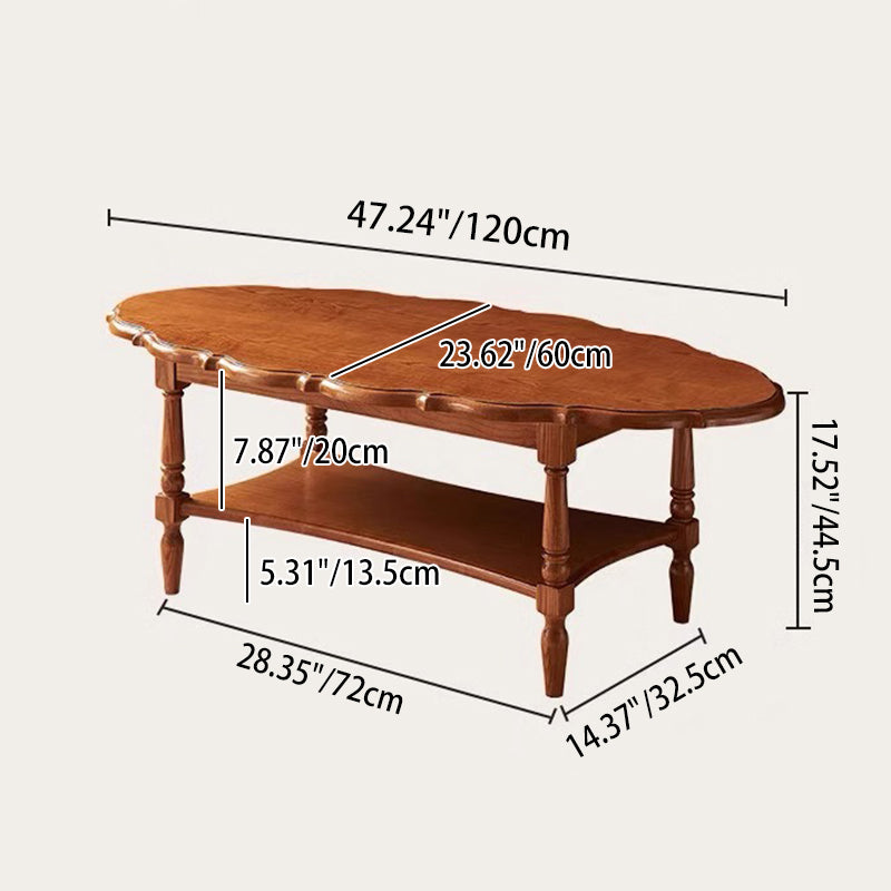 Mesa de café ovalada de borde irregular tradicional francesa de madera maciza de caucho de 2 niveles para sala de estar 