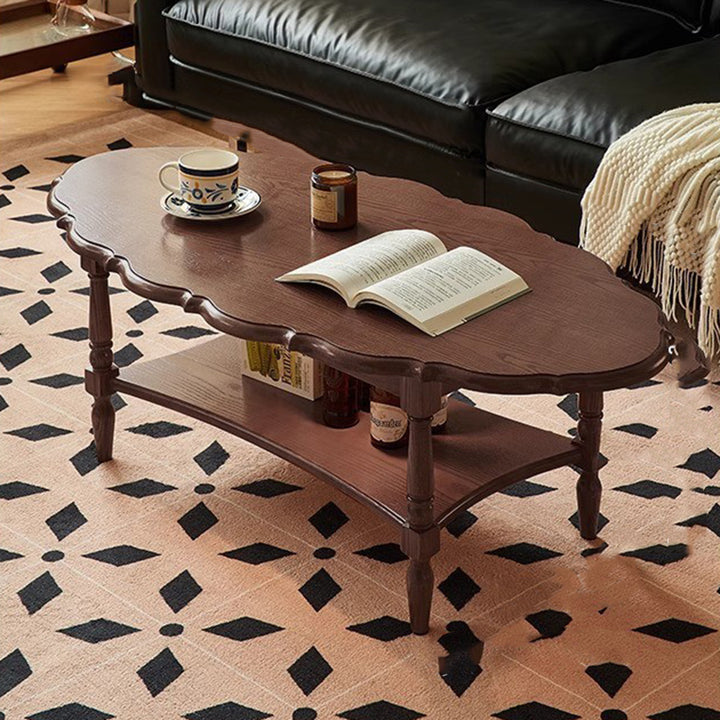 Traditional French Irregular Edge Oval Plywood Ash Wood Coffee Table 2-Tier For Living Room