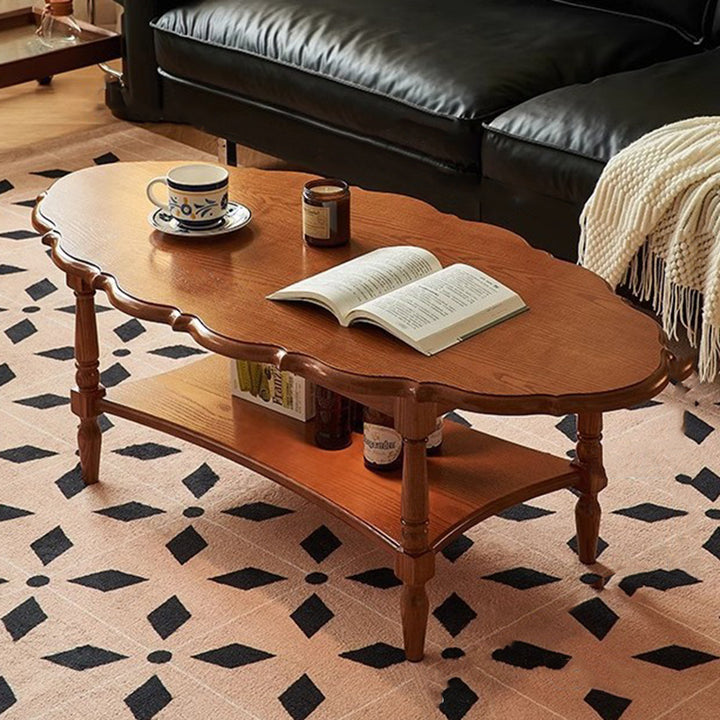 Traditional French Irregular Edge Oval Plywood Ash Wood Coffee Table 2-Tier For Living Room