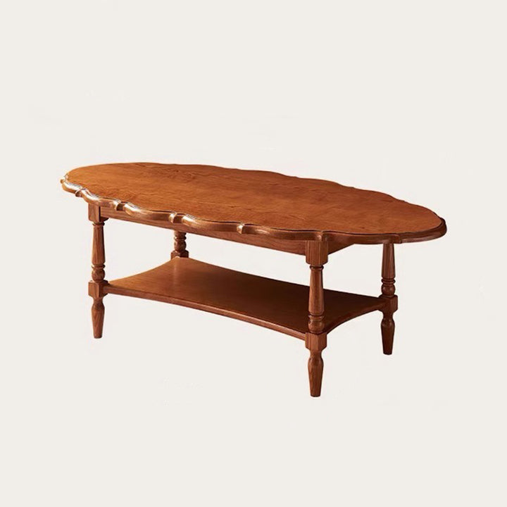 Mesa de café ovalada de borde irregular tradicional francesa de madera maciza de caucho de 2 niveles para sala de estar 