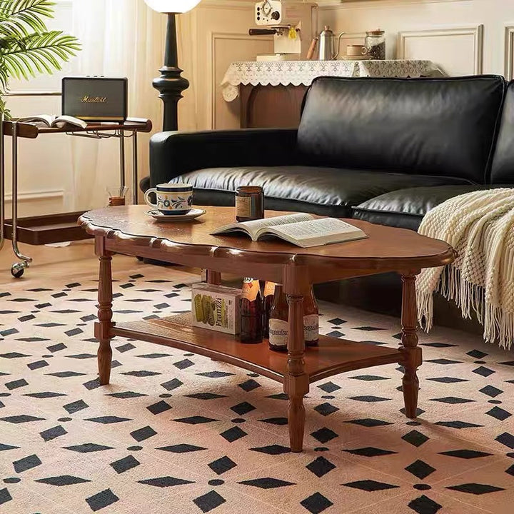 Traditional French Irregular Edge Oval Plywood Ash Wood Coffee Table 2-Tier For Living Room