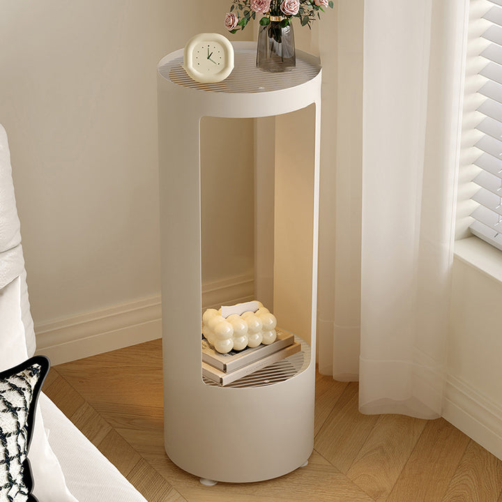 Contemporary Industrial Cylindrical Carbon Steel Fluted Glass USB Charging Sensor Light End Table 2-Tier For Living Room