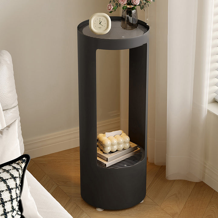 Contemporary Industrial Cylindrical Carbon Steel Fluted Glass USB Charging Sensor Light End Table 2-Tier For Living Room
