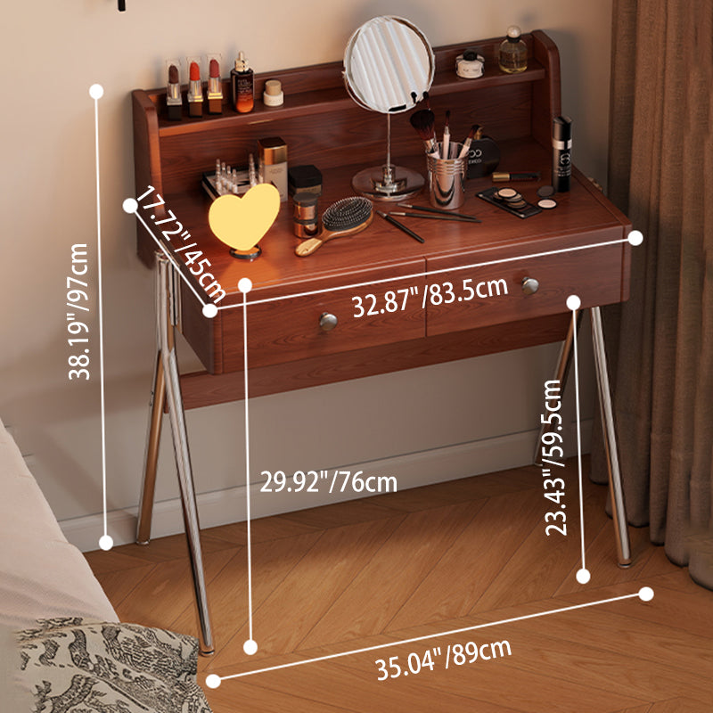 Contemporary Retro Rectangular Rubberwood Stainless Steel Makeup Vanity 2-Drawer For Bedroom
