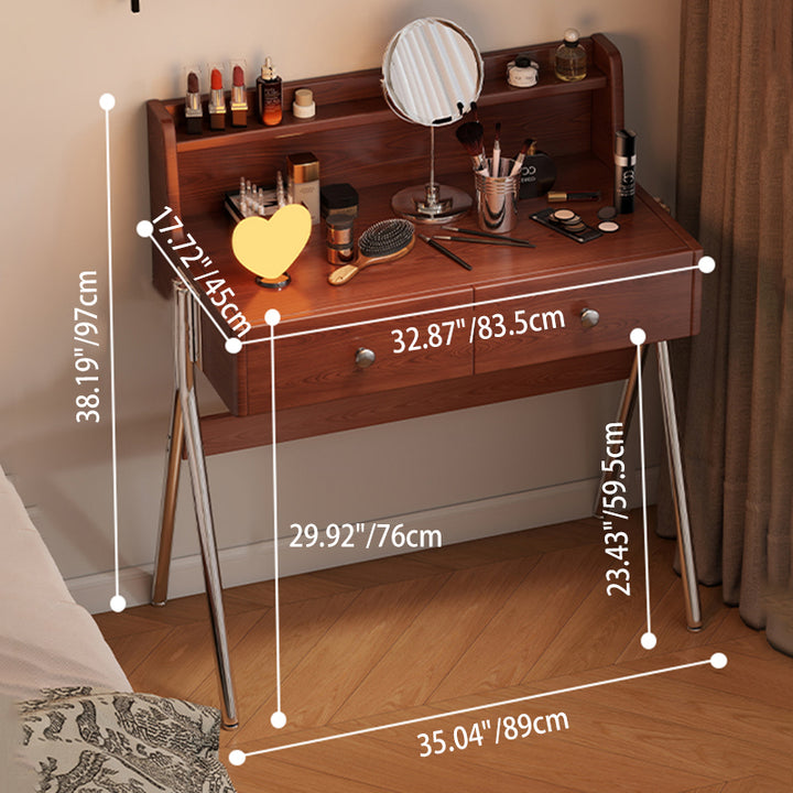 Contemporary Retro Rectangular Rubberwood Stainless Steel Makeup Vanity 2-Drawer For Bedroom