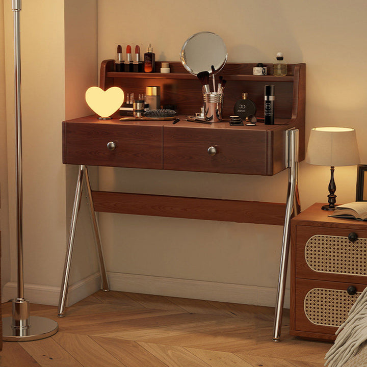 Contemporary Retro Rectangular Rubberwood Stainless Steel Makeup Vanity 2-Drawer For Bedroom