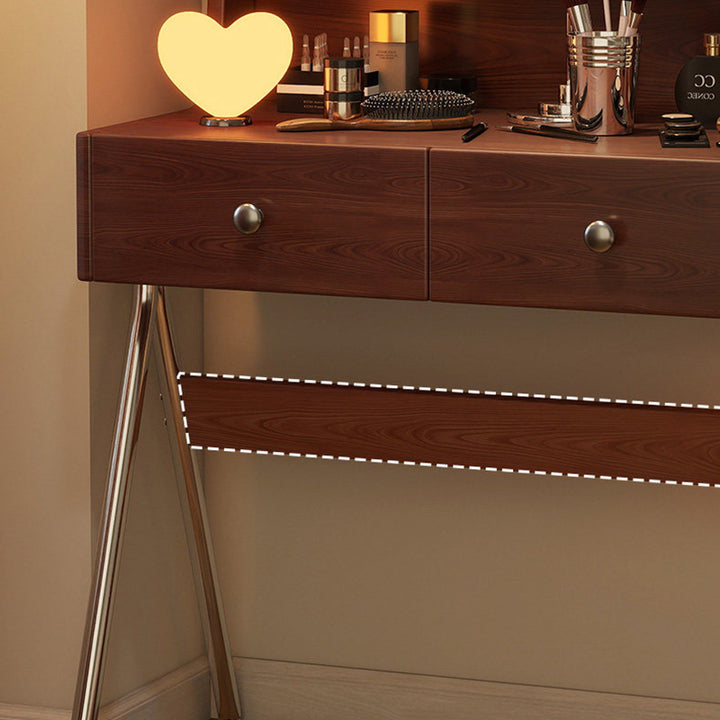 Contemporary Retro Rectangular Rubberwood Stainless Steel Makeup Vanity 2-Drawer For Bedroom