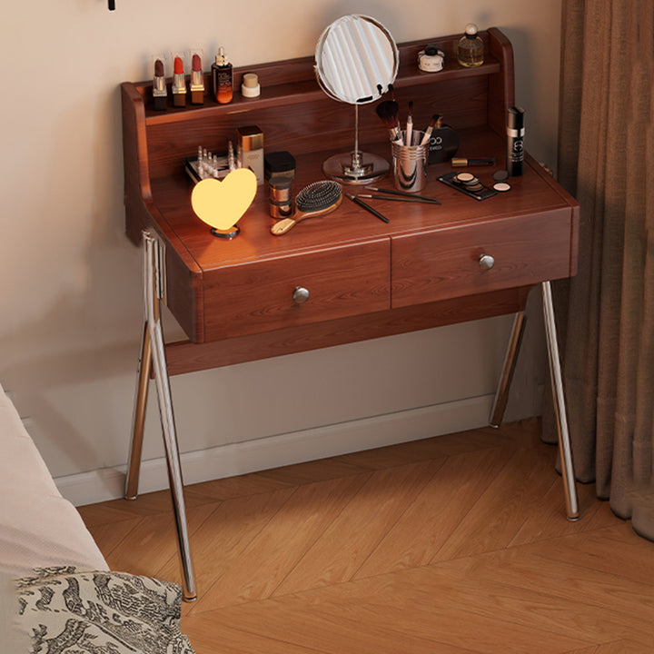 Contemporary Retro Rectangular Rubberwood Stainless Steel Makeup Vanity 2-Drawer For Bedroom
