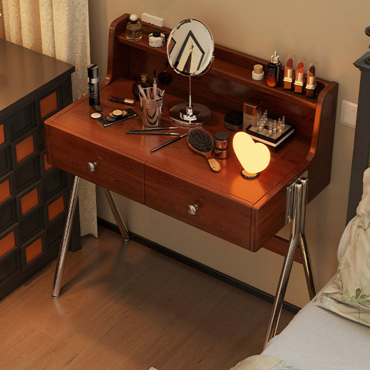 Contemporary Retro Rectangular Rubberwood Stainless Steel Makeup Vanity 2-Drawer For Bedroom
