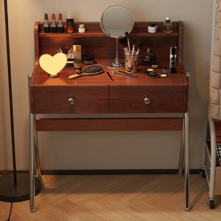 Contemporary Retro Rectangular Rubberwood Stainless Steel Makeup Vanity 2-Drawer For Bedroom