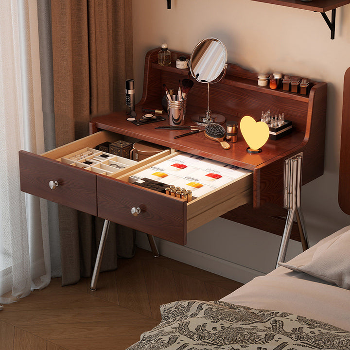 Contemporary Retro Rectangular Rubberwood Stainless Steel Makeup Vanity 2-Drawer For Bedroom