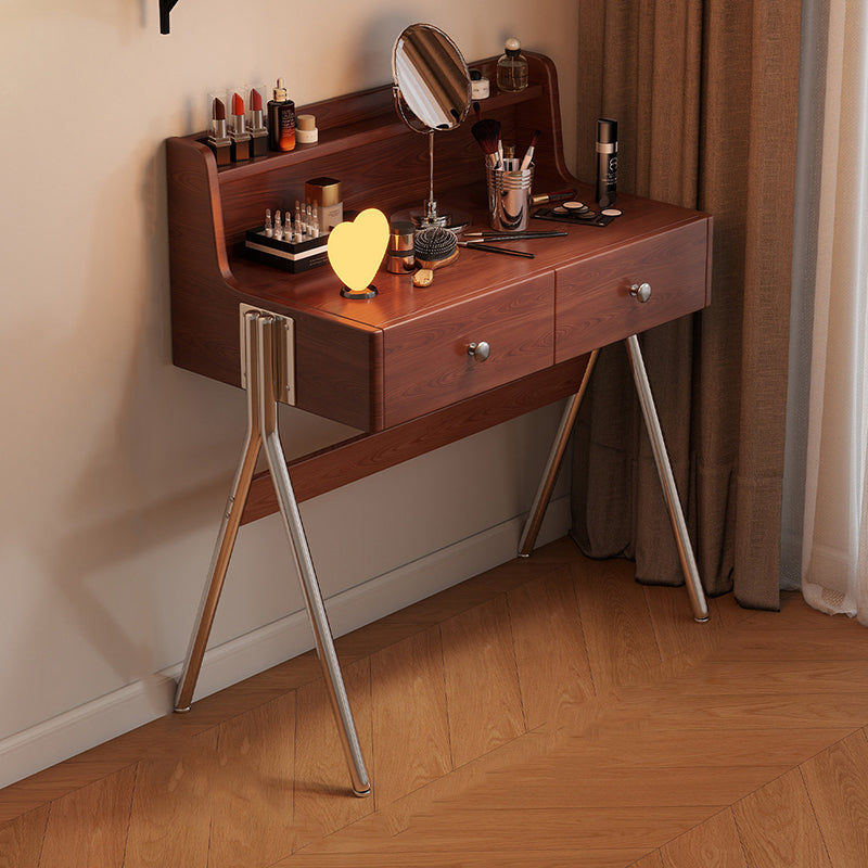 Contemporary Retro Rectangular Rubberwood Stainless Steel Makeup Vanity 2-Drawer For Bedroom