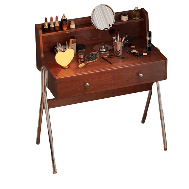 Contemporary Retro Rectangular Rubberwood Stainless Steel Makeup Vanity 2-Drawer For Bedroom
