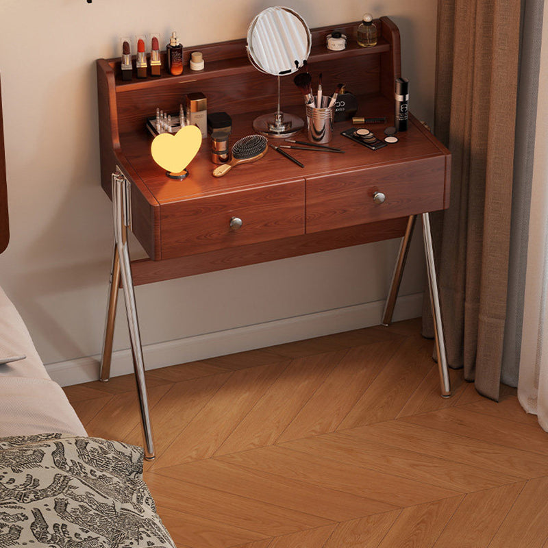 Contemporary Retro Rectangular Rubberwood Stainless Steel Makeup Vanity 2-Drawer For Bedroom