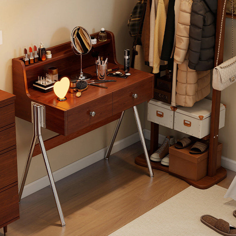 Contemporary Retro Rectangular Rubberwood Stainless Steel Makeup Vanity 2-Drawer For Bedroom